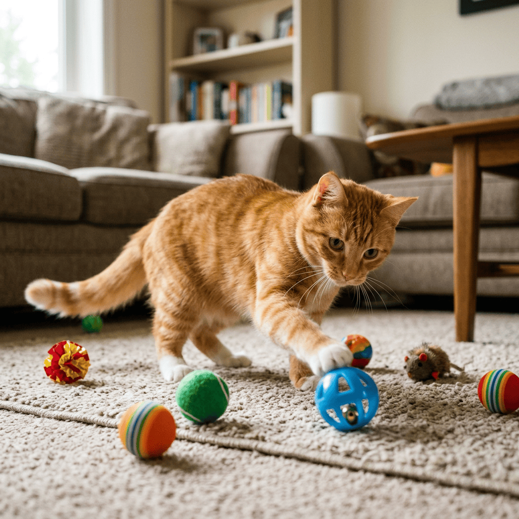 Ginger cat playing with colorful toys on a living room rug